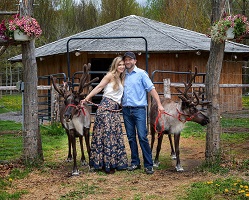 Cute couple posing with reindeer for engagement photo.